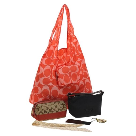 Coach Signature Pouch Canvas 6Set Beige Orange black Auth kk518 - Picture 1 of 16